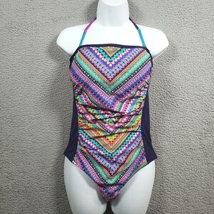Anne Cole Swimsuit Women 12 Purple One Piece Halter Bathing Suit Colorful Ruched